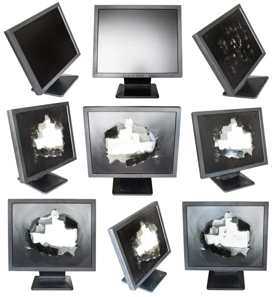 Conjunto de monitores LCD pretos antigos com telas danificadas — Fotografia de Stock