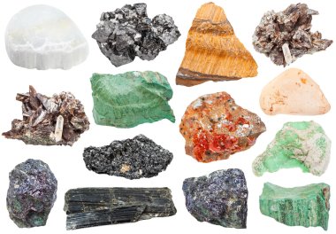 set of various minerals - vanadinite, bornite, etc clipart