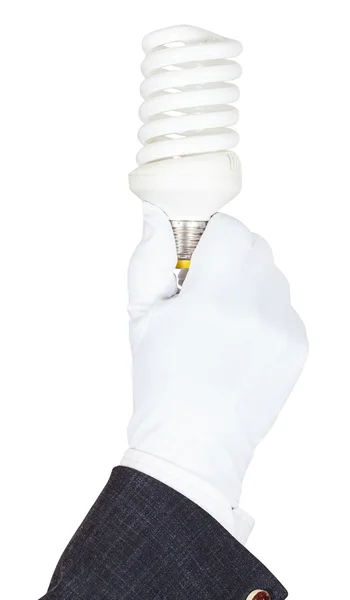 Muž v obleku a rukavice drží zemský Globus Cfl lampy — Stock fotografie