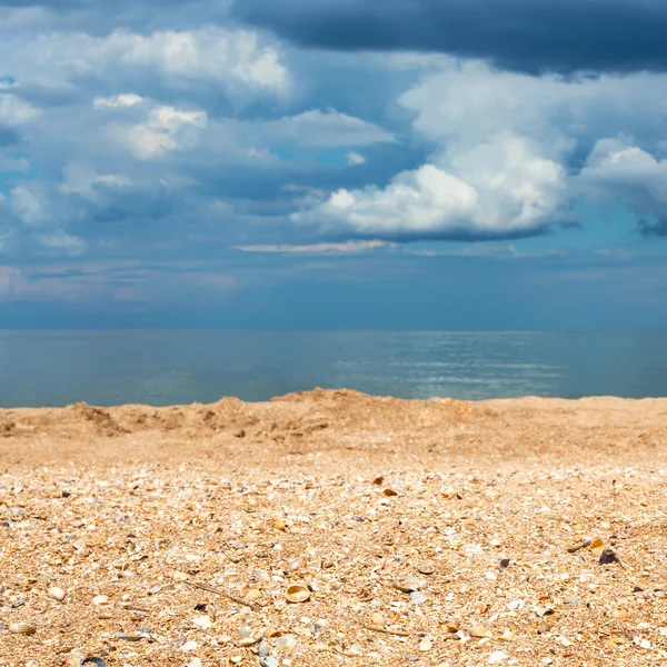 Zand en shelly strand dicht omhoog en donker blauwe hemel — Stockfoto