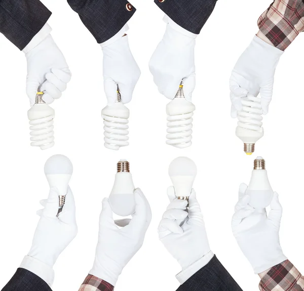 Serie di mani in guanti tengono lampade a risparmio energetico — Foto Stock
