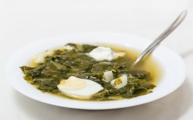 tabak kaşık ve vejetaryen çorba yeşillik ile