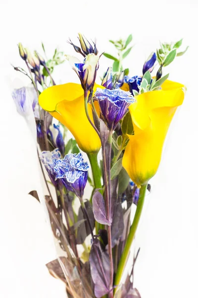 Bouquet from Calla lily, blue Lisianthus flowers — Stock Photo, Image