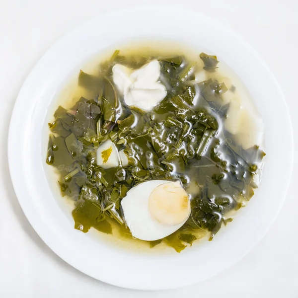 Выше вид вегетарианского супа в тарелке из зелени — стоковое фото