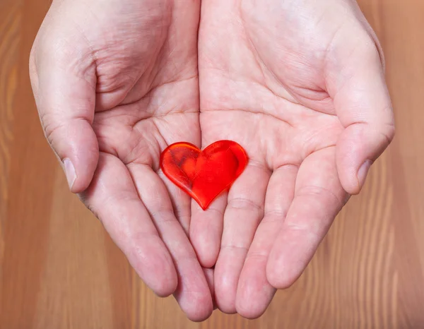 One red heart on male palms — Stock Photo, Image