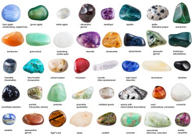 set of various tumbled gemstones with names clipart
