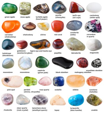 collection of various tumbled gemstones with names clipart