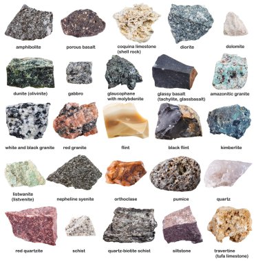 various raw minerals with names isolated on white clipart