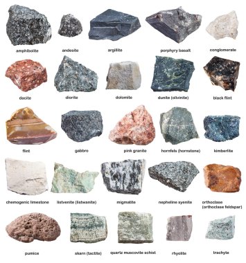 various raw rocks with names isolated on white clipart