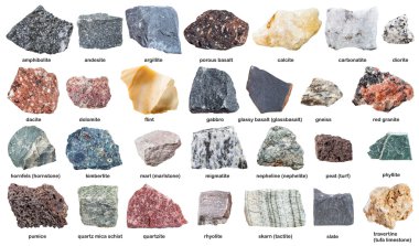 various raw stones with names isolated on white clipart