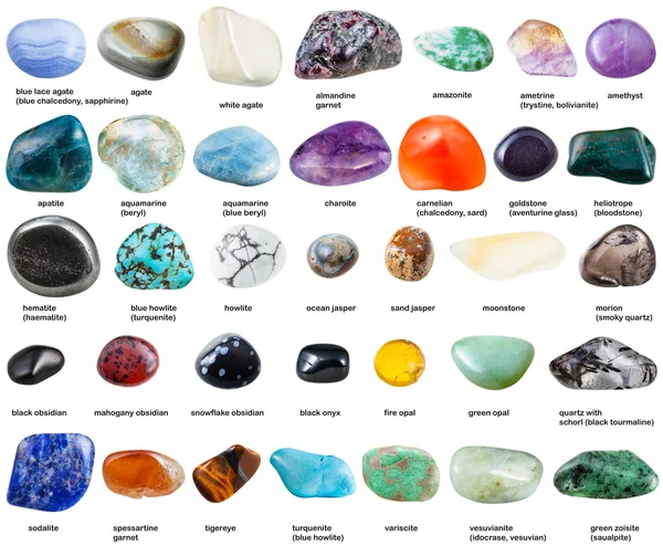 Various polished gemstones with names isolated — Stock Photo, Image