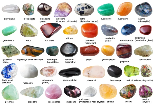 Collage from various tumbled gemstones with names — Stock Photo, Image