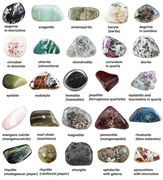 Various tumbled minerals with names isolated — Stock Photo, Image