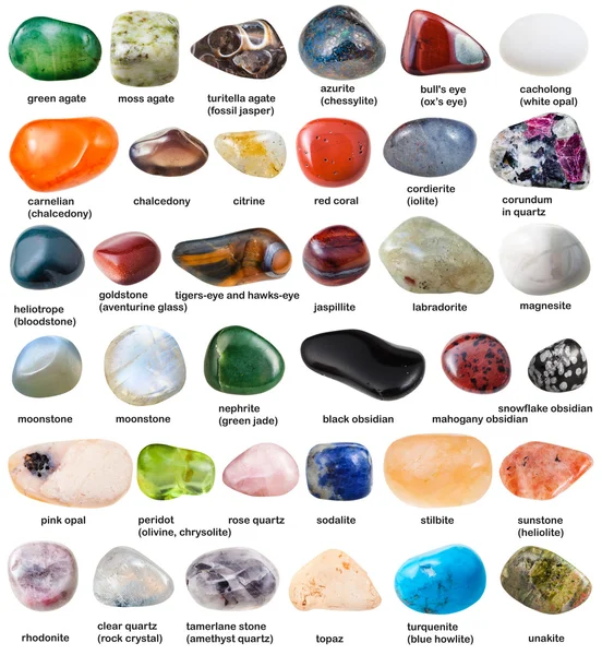 Collection of various tumbled gemstones with names — Stock Photo, Image