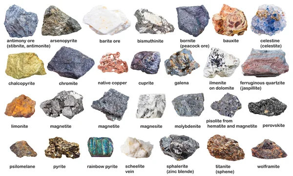 Ensemble à partir de minéraux bruts et de minerais avec des noms isolés — Photo