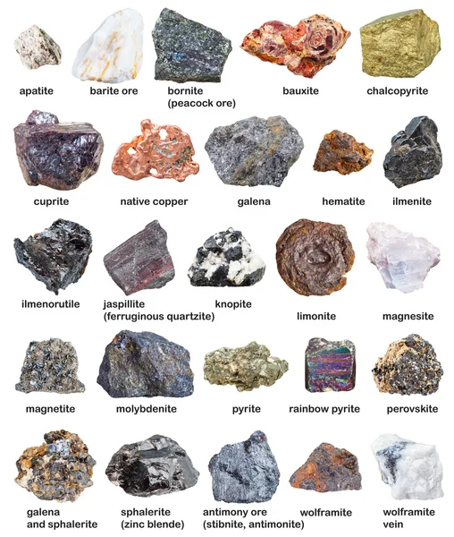 Various raw minerals and ores with names isolated — Stock Photo, Image