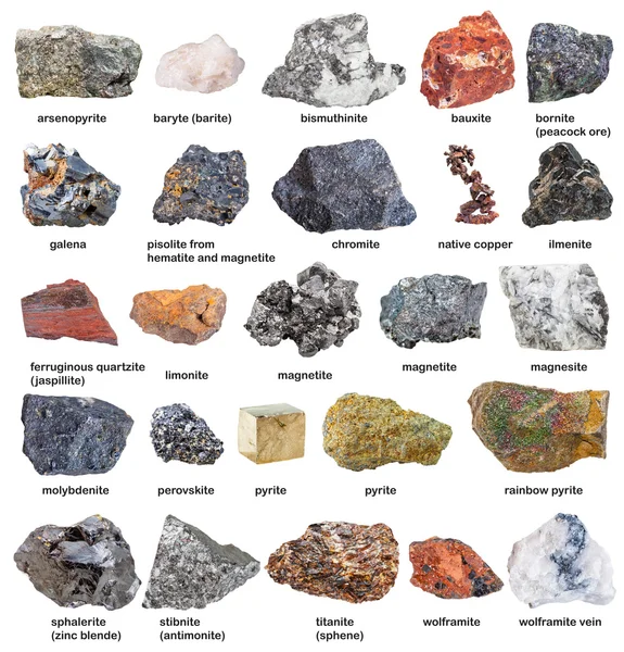 Collection from raw minerals and ores with names — Stock Photo, Image