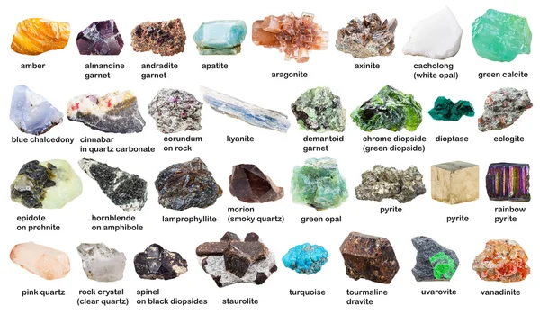 Conjunto de piedras preciosas y cristales crudos con nombres — Foto de Stock