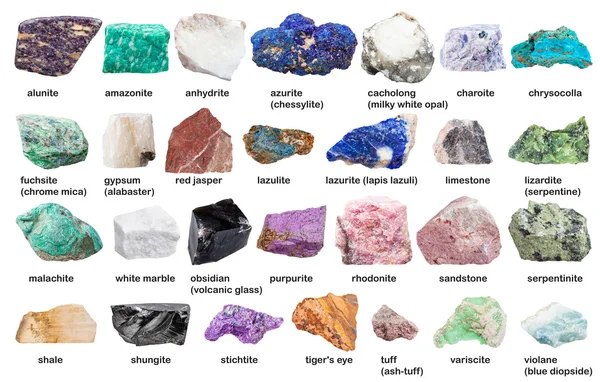 Set from decorative gems and minerals with names — Stock Photo, Image