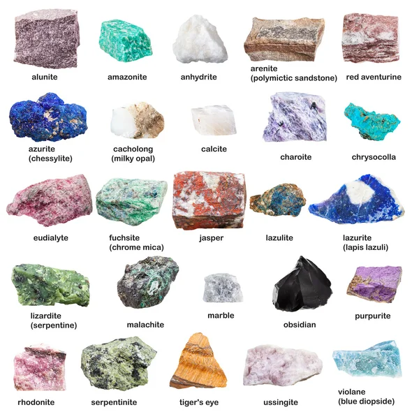 Piedras preciosas y minerales decorativos crudos con nombres — Foto de Stock