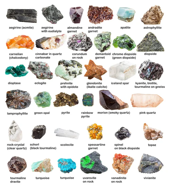Collectie van edelstenen en kristallen met namen — Stockfoto