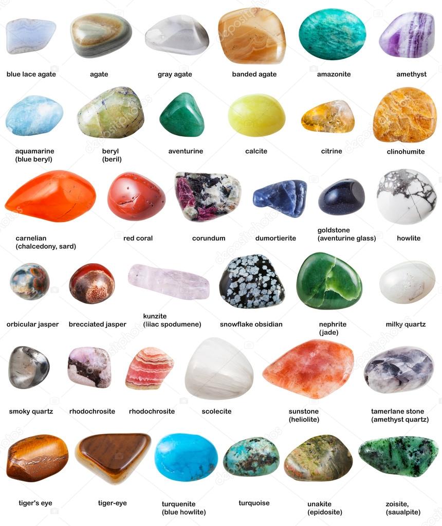 Various tumbled gemstones with names isolated Stock Photo by