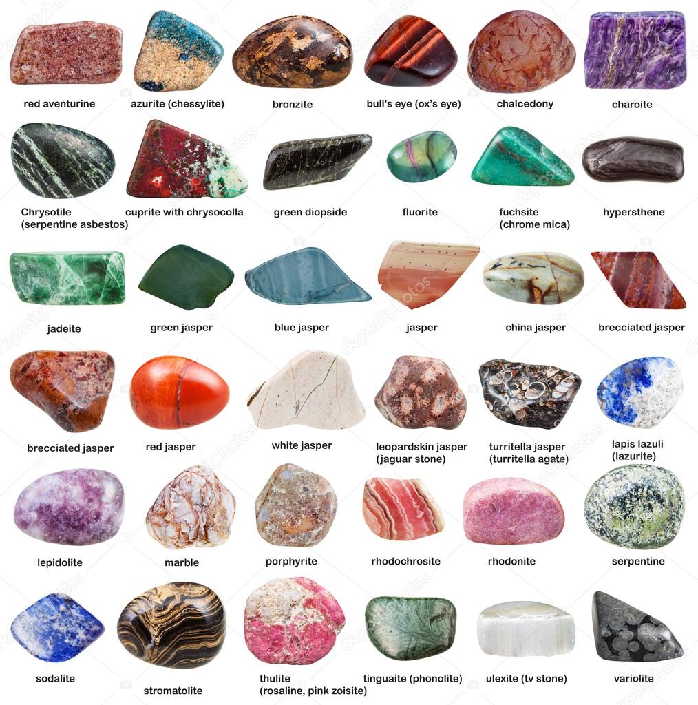 various tumbled decorative stones with names
