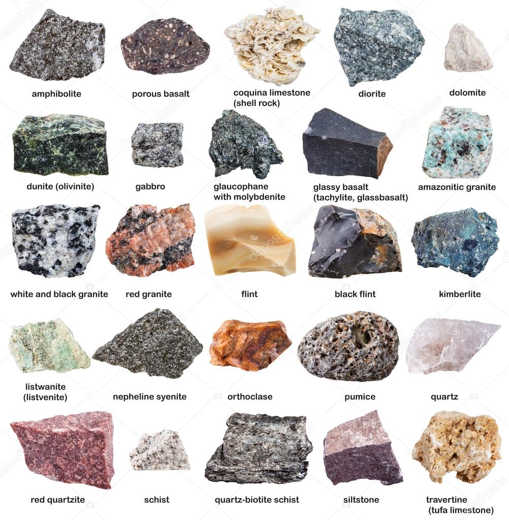 various raw minerals with names isolated on white