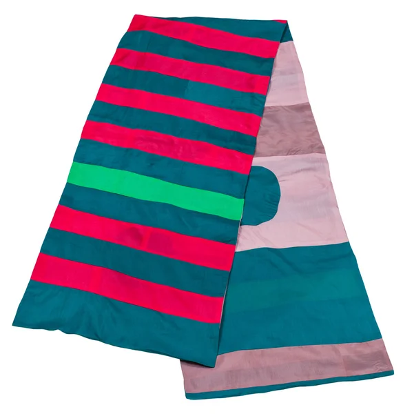 Scarf stitched from green, pink, blue, red strips — Stock Photo, Image