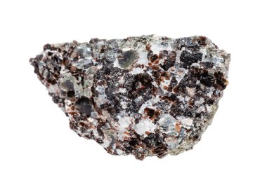 Jeolojik koleksiyondaki doğal mineral örneklerinin makro fotoğrafçılığı - beyaz arkaplanda izole edilmiş kaya üzerindeki ham Phlogopit (magnezyum mika) minerali