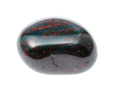 macro photography of sample of natural mineral from geological collection - rolled Heliotrope (Bloodstone) gemstone isolated on white background clipart