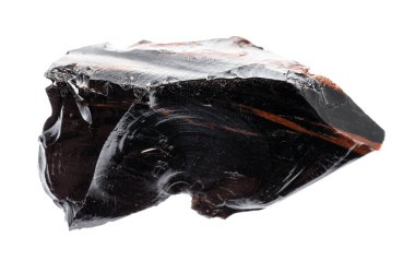 macro photography of sample of natural mineral from geological collection - raw Obsidian (volcanic glass) isolated on white background clipart