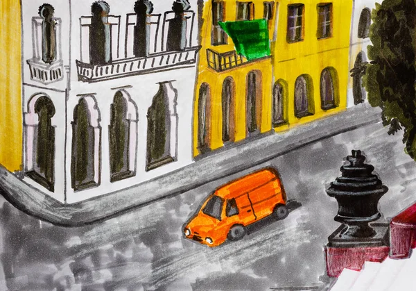 Cityscape Πορτοκαλί Αυτοκίνητο Στο Δρόμο Κοντά Στο Ξενοδοχείο Στην Πόλη — Φωτογραφία Αρχείου