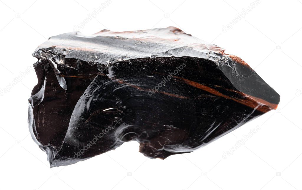 macro photography of sample of natural mineral from geological collection - raw Obsidian (volcanic glass) isolated on white background