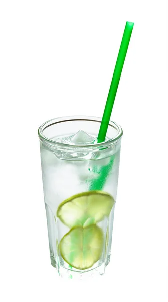 Gin Tonic Cocktail Highball Glas Met Twee Schijfjes Kalk Ijsblokjes — Stockfoto