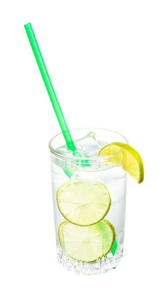 Gin Tonic Cocktail Glass Wedge Slices Lime Ice Green Plastic — Stock Photo, Image