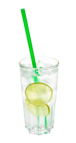 Gin Tonic Cocktail Highball Glass Two Slices Lime Cubes Ice — Stock Photo, Image