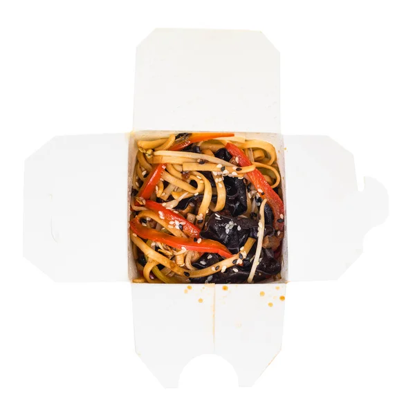 Vista Superior Comida Rápida Japonesa Fideos Udon Con Verduras Caja —  Fotos de Stock