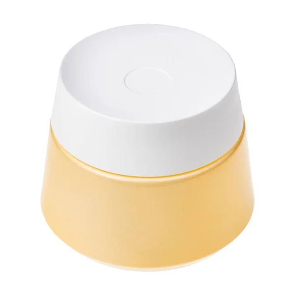 View Closed Yellow Shiny Jar Cosmetic Cream White Lid Isolated — Stock Photo, Image