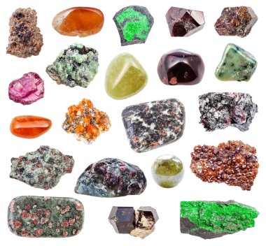 collection of various Garnet natural mineral gem stones and samples of rock isolated on white background clipart