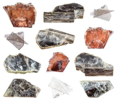 collection of various Muscovite (Common Mica) natural minerals isolated on white background clipart
