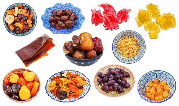 Collage Various Sweet Dried Fruits Isolated White Background — Stock Photo, Image