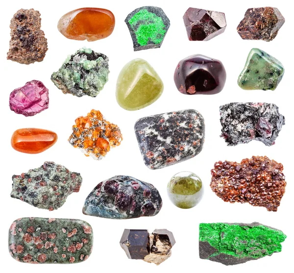 Колекція Різних Природних Мінеральних Дорогоцінних Каменів Garnet Зразки Каменю Ізольовані — стокове фото