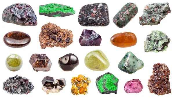 Set Varie Pietre Minerali Naturali Granato Campioni Roccia Isolata Sfondo — Foto Stock