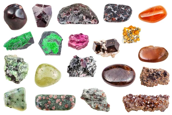 Collage Varias Piedras Preciosas Minerales Naturales Granate Muestras Roca Aislada — Foto de Stock