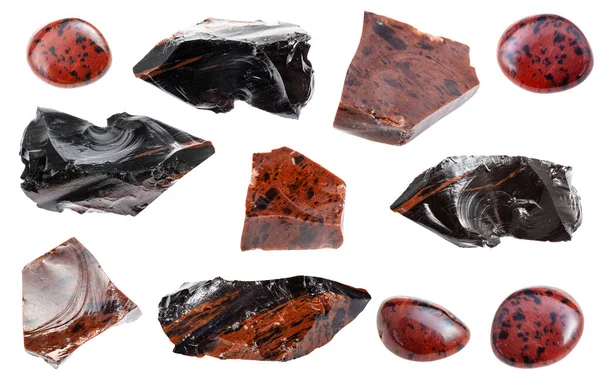 Samling Olika Mahogny Obsidiska Naturliga Mineral Pärla Stenar Och Prover — Stockfoto