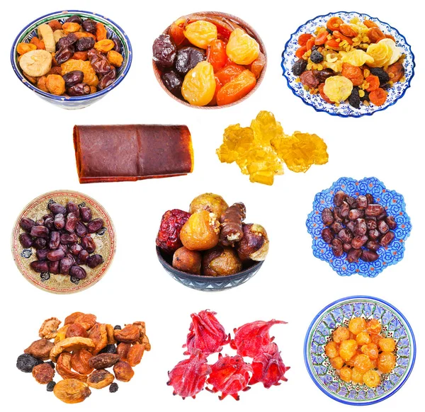 Set Various Sweet Dried Fruits Isolated White Background — Stock Photo, Image