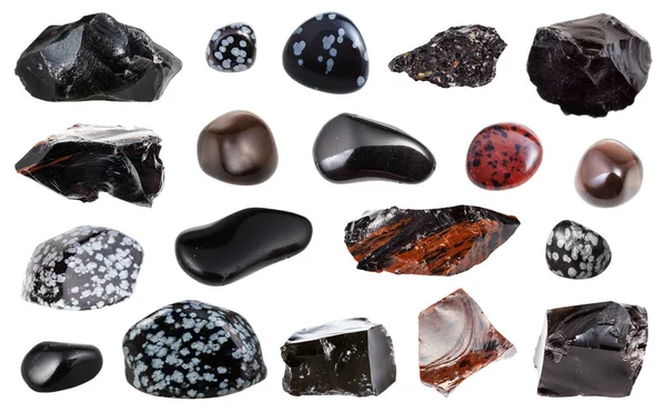Çeşitli Obsidian Volkanik Cam Doğal Mineral Değerli Taşlar Beyaz Zemin — Stok fotoğraf