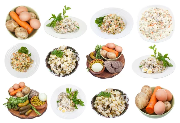 Conjunto Saladas Olivier Russas Seus Ingredientes Isolados Fundo Branco — Fotografia de Stock