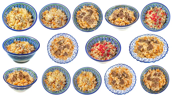 在当地的东方碗上 用白色背景分离出来的一套不同烹调的小菜一碟 从米饭中提取的中亚菜 配以肉和蔬菜 — 图库照片